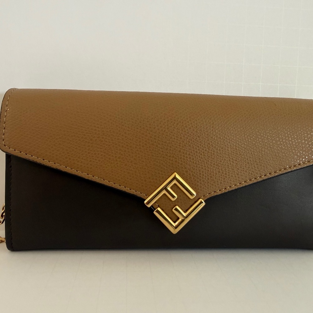 Fendi Brown Beige Shoulder Bag with Gold Chain Strap Logo Accent